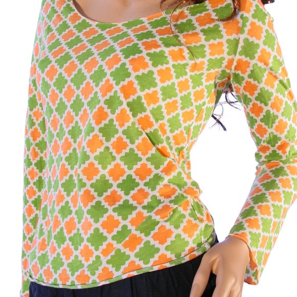TORY BURCH Green and Orange Logo Scoop Neck Long Sleeve Tissue Tee Top M - Picture 3 of 9